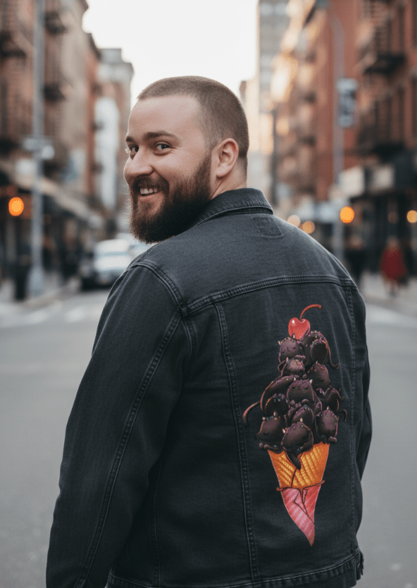 CAT ICE CREAM by TOBE FONSECA, digitally printed on DENIM products: throw pillows, aprons, table place mats, and hand-crafted Unisex Denim Jackets in 3 color choices