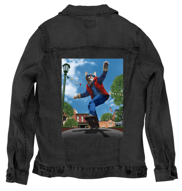 CAT TO THE FUTURE by VINCENT HIE, printed on denim jackets and other denim products: tote bags, throw pillows, table place mats, aprons