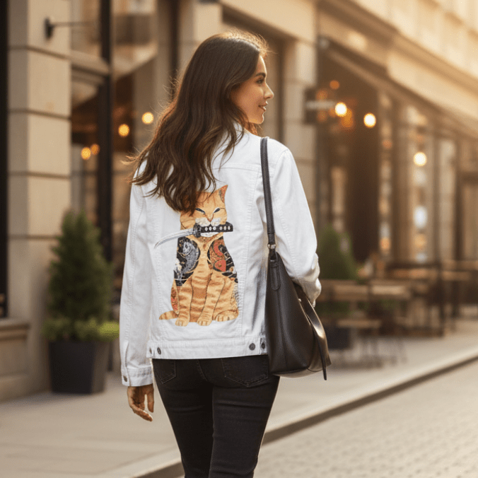 CATANA by VINCENT TRINIDAD, digitally printed on DENIM products: throw pillows, aprons, table place mats, and hand-crafted Unisex Denim Jackets in 3 color choices