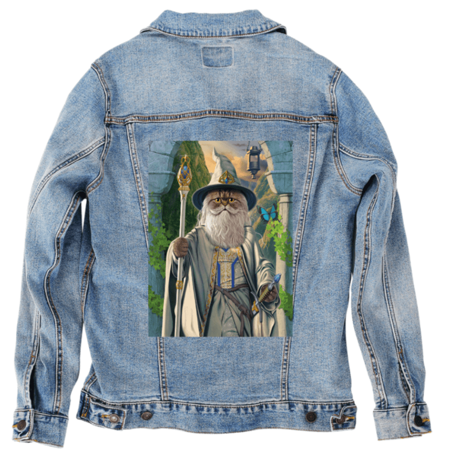 CATDALF THE WHITE by VINCENT HIE, printed on denim jackets and other denim products: tote bags, throw pillows, table place mats, aprons