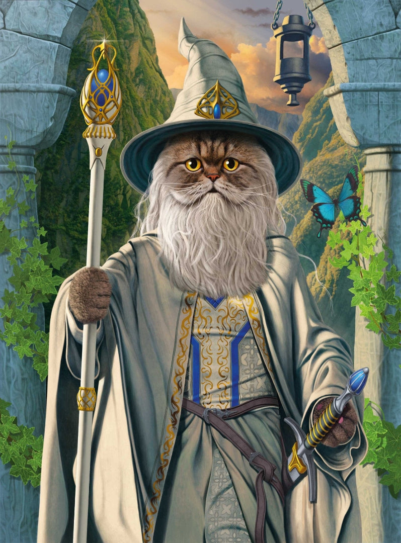 CATDALF THE WHITE by VINCENT HIE, printed on denim jackets and other denim products: tote bags, throw pillows, table place mats, aprons