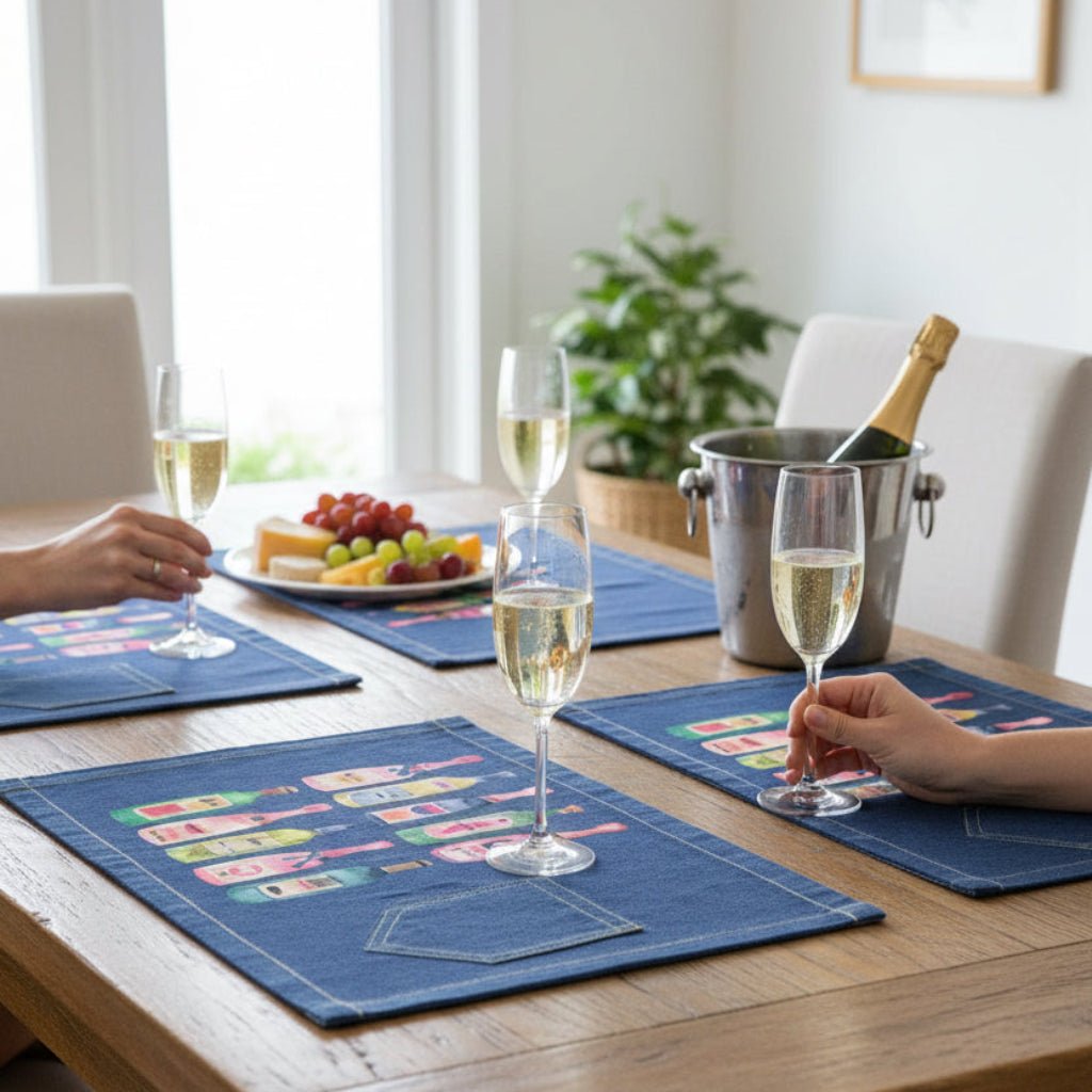 Dining table with blue placemats, wine glasses, and a fruit plate in a bright room. champagne-collection-by-CatCoq-table-placemat-lifestyle-shot