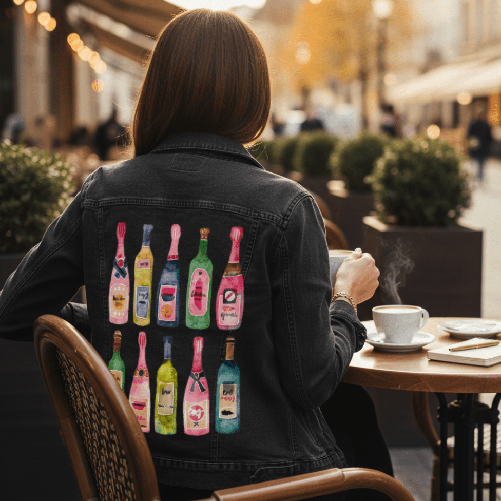 direct back view of a model seated on a woven café chair at an outdoor table, wearing a black denim jacket printed with the “Champagne Collection” artwork by CatCoq. the artwork shows twelve watercolor champagne bottles in two rows, with bright pinks, golds, and greens vividly contrasted against the black fabric. the model holds a white ceramic mug in both hands. steam rises from the coffee, and notebooks sit on the table. rows of potted shrubs line the sidewalk, and autumn-colored trees and old buildings