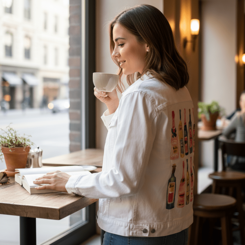 three-quarter rear view of a model standing at a wooden counter by a large café window, wearing a white denim jacket printed with the “Champagne Collection” artwork by CatCoq. the back panel displays twelve watercolor champagne bottles arranged in two rows, each with a distinct color palette and label style in pink, gold, green, or navy. the model holds a white ceramic coffee cup in one hand and rests the other hand on an open book. potted succulents sit on the window ledge, and soft daylight from the stree