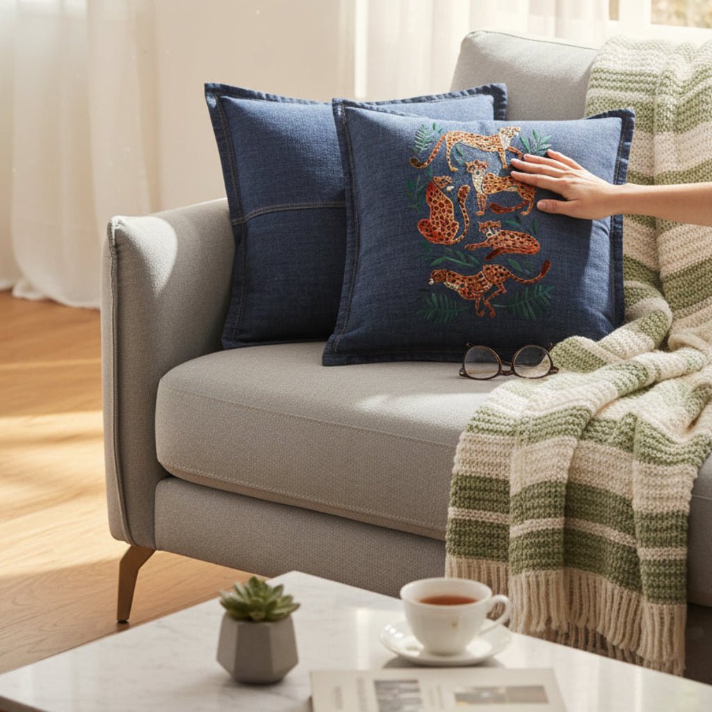 Person arranging decorative pillows on a sofa in a bright living room. cheetah-Collection-by-CatCoq-throw-pillow-lifestyle-shot