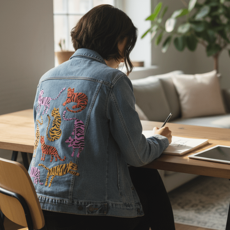 back view of a model seated at a light wood drawing table in a softly lit creative studio space. they wear a stonewashed denim jacket featuring the “Cheetah Collection” artwork by CatCoq, showing nine vivid cheetahs in varied walking, stretching, & lounging poses. the painted cats are in high-contrast colors: pink, orange, purple, & golden yellow. tmodel leans over a sketchpad, with an iPad, notebook, & coffee mug nearby. morning light streams through large windows & illuminates the calm studio environment