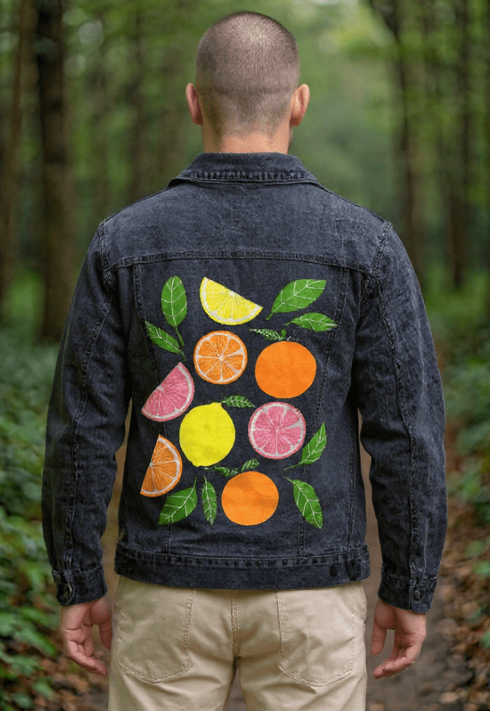 CITRUS BLOOM by HEND SHEHATA,printed by DenimINK on hand-crafted Denim Jackets and other denim products and other denim products: tote bags, throw pillows, table place mats, aprons