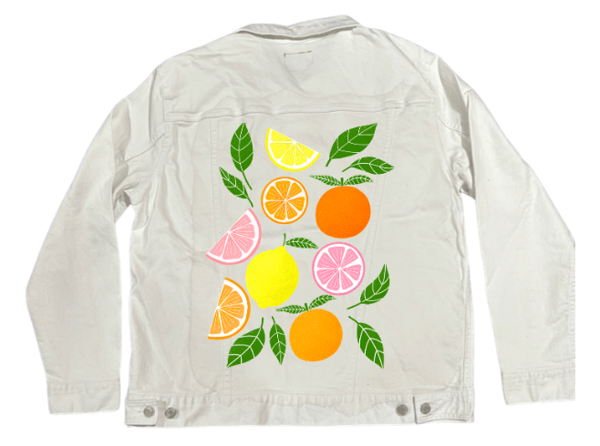 CITRUS BLOOM by HEND SHEHATA,printed by DenimINK on hand-crafted Denim Jackets and other denim products and other denim products: tote bags, throw pillows, table place mats, aprons