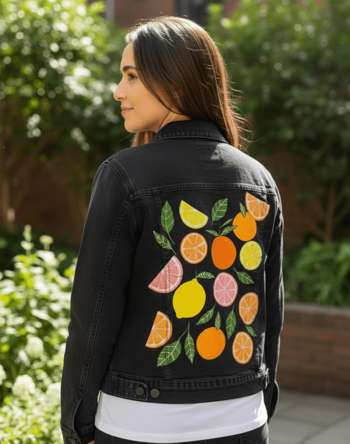 CITRUS BLOOM by HEND SHEHATA,printed by DenimINK on hand-crafted Denim Jackets and other denim products and other denim products: tote bags, throw pillows, table place mats, aprons
