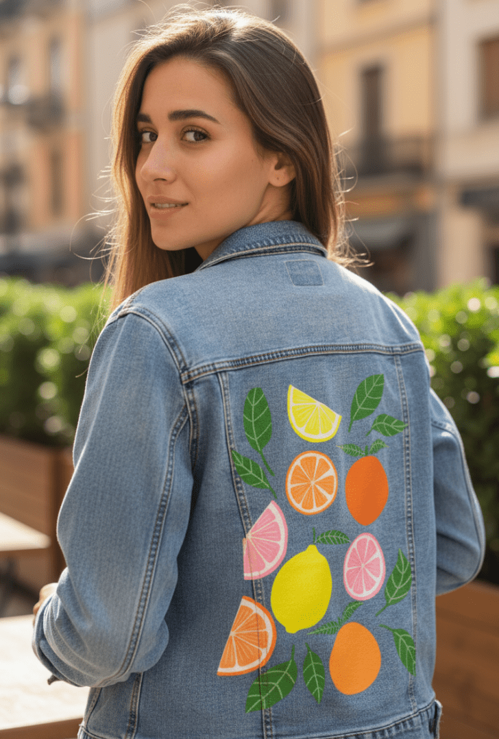 CITRUS BLOOM by HEND SHEHATA,printed by DenimINK on hand-crafted Denim Jackets and other denim products and other denim products: tote bags, throw pillows, table place mats, aprons