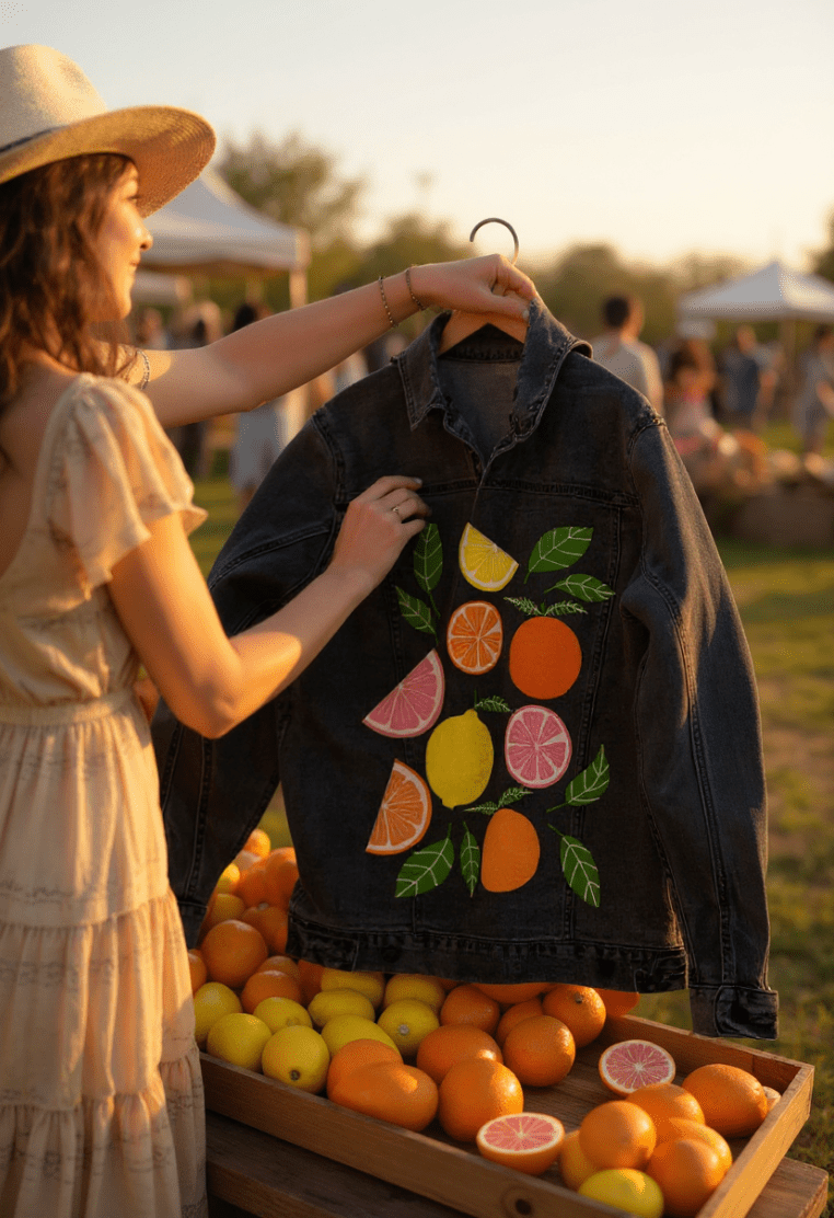 CITRUS BLOOM by HEND SHEHATA,printed by DenimINK on hand-crafted Denim Jackets and other denim products and other denim products: tote bags, throw pillows, table place mats, aprons