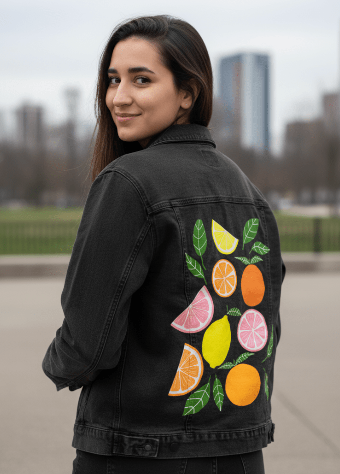 CITRUS BLOOM by HEND SHEHATA,printed by DenimINK on hand-crafted Denim Jackets and other denim products and other denim products: tote bags, throw pillows, table place mats, aprons