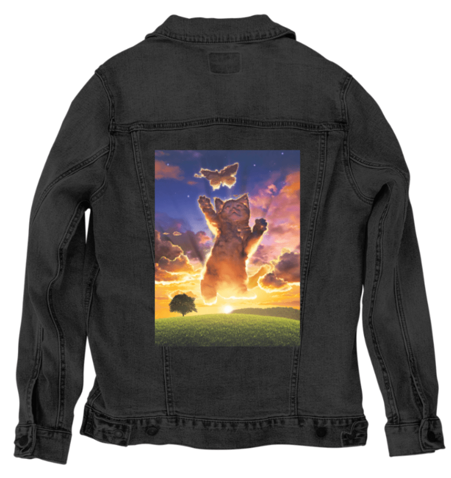 CLOUD KITTEN SUNSET by VINCENT HIE,printed by DenimINK on hand-crafted Denim Jackets and other denim products and other denim products: tote bags, throw pillows, table place mats, aprons