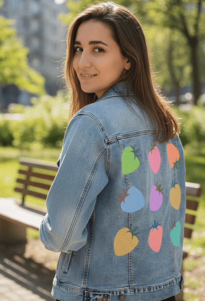 COLORED BERRIES by HEND SHEHATA, printed on denim jackets and other denim products: tote bags, throw pillows, table place mats, aprons
