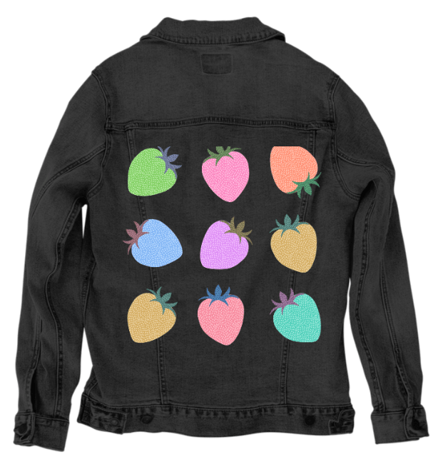 COLORED BERRIES by HEND SHEHATA, printed on denim jackets and other denim products: tote bags, throw pillows, table place mats, aprons