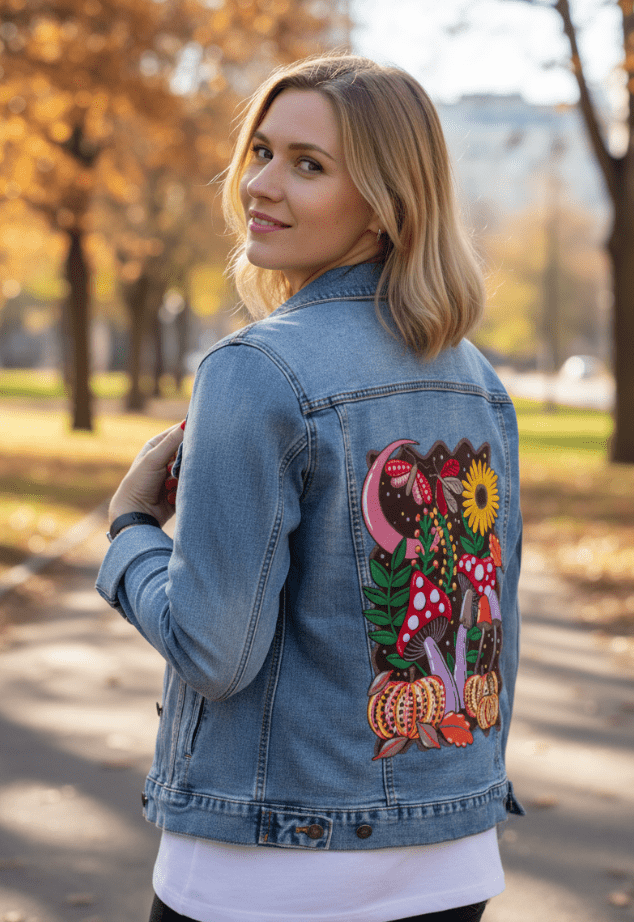 COLORFALL SEASON SHROOMS AND MOTHS by IndySign, printed on denim jackets and other denim products: tote bags, throw pillows, table place mats, aprons