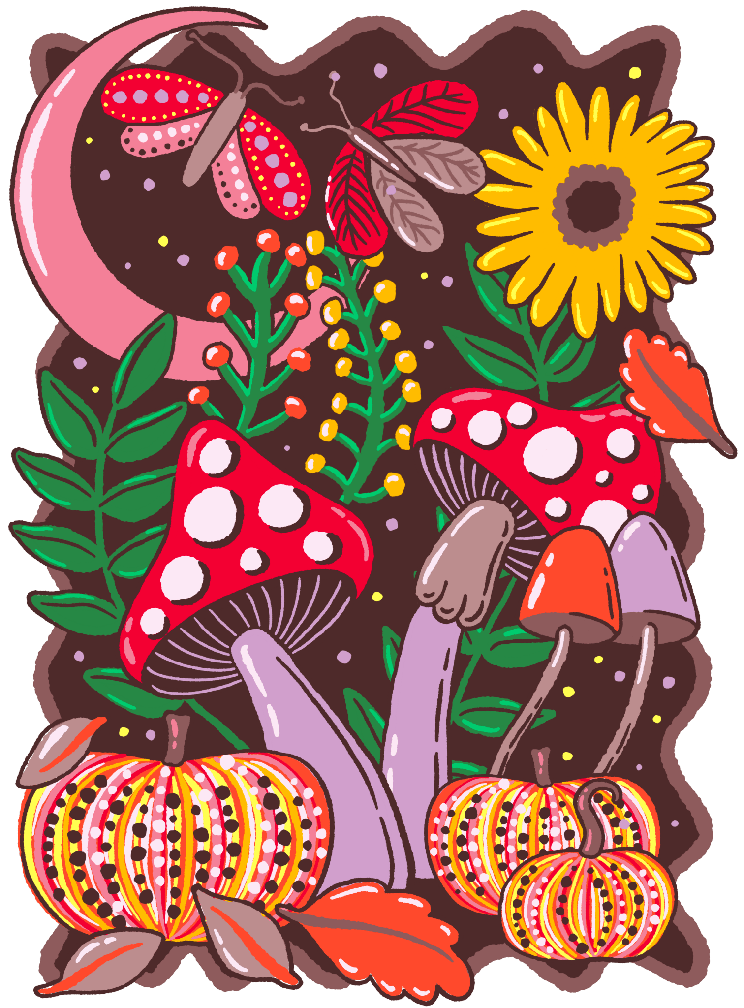 COLORFALL SEASON SHROOMS AND MOTHS by IndySign, printed on denim jackets and other denim products: tote bags, throw pillows, table place mats, aprons