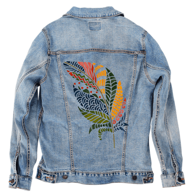 COLORFUL FEATHER by CANVAS and QUOTATIONS, printed on denim jackets and other denim products: tote bags, throw pillows, table place mats, aprons custom denim jacket by DenimINK