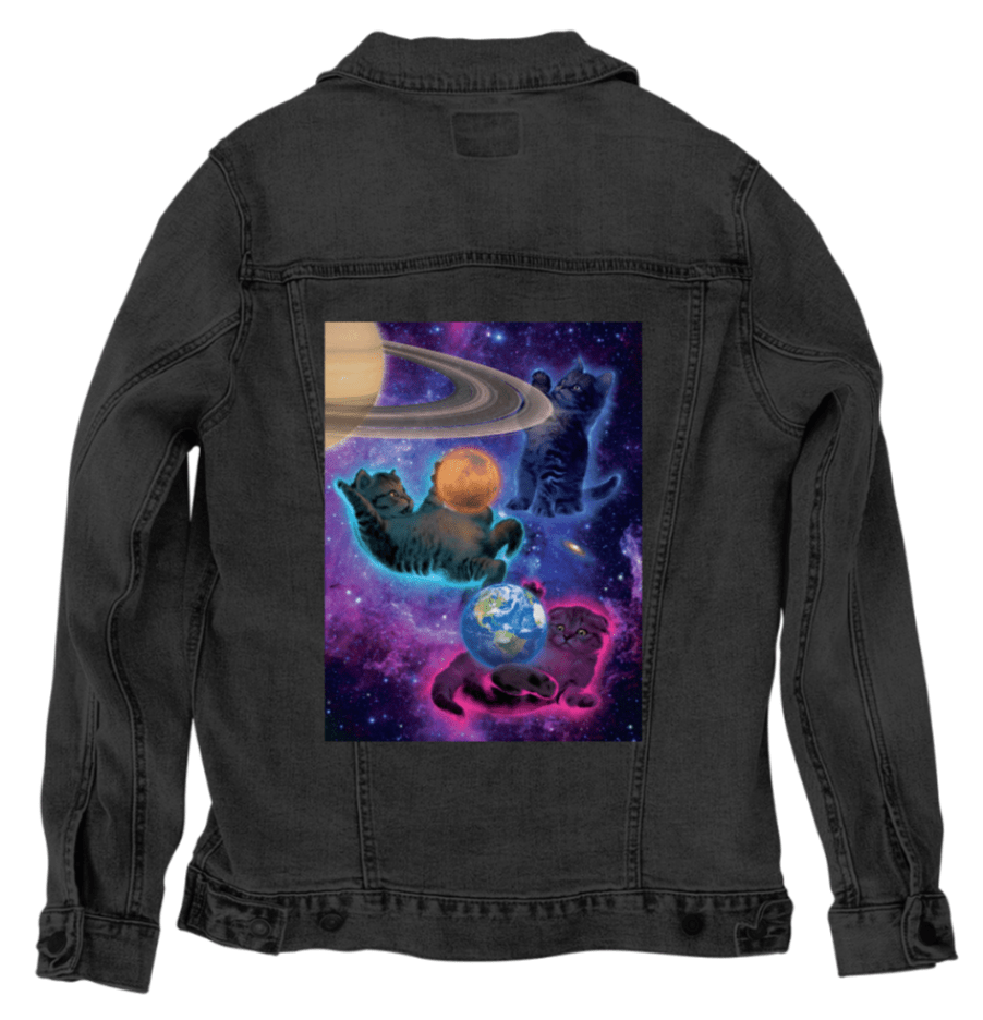 COSMIC KITTENS by VINCENT HIE, printed on denim jackets and other denim products: tote bags, throw pillows, table place mats, aprons