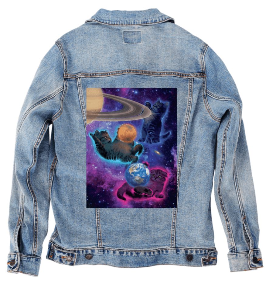 COSMIC KITTENS by VINCENT HIE, printed on denim jackets and other denim products: tote bags, throw pillows, table place mats, aprons