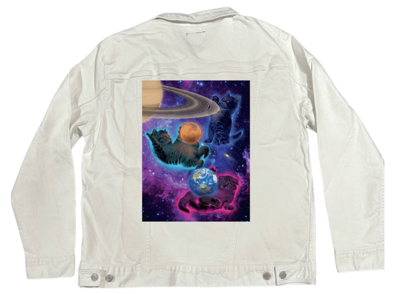 COSMIC KITTENS by VINCENT HIE, printed on denim jackets and other denim products: tote bags, throw pillows, table place mats, aprons