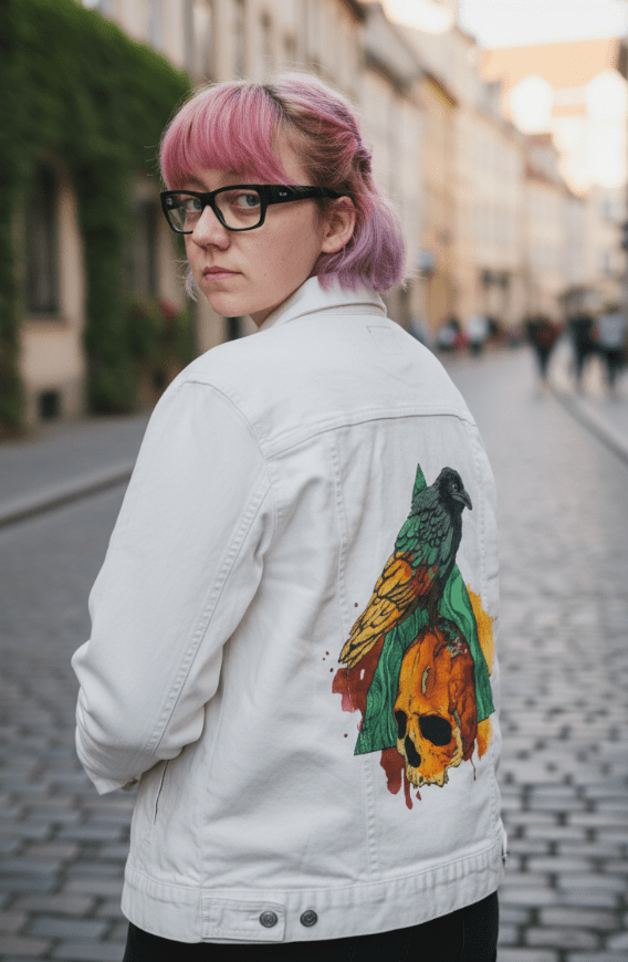 CROW by JESS ADAMS, digitally printed on DENIM products: throw pillows, aprons, table place mats, and hand-crafted Unisex Denim Jackets in 3 color choices