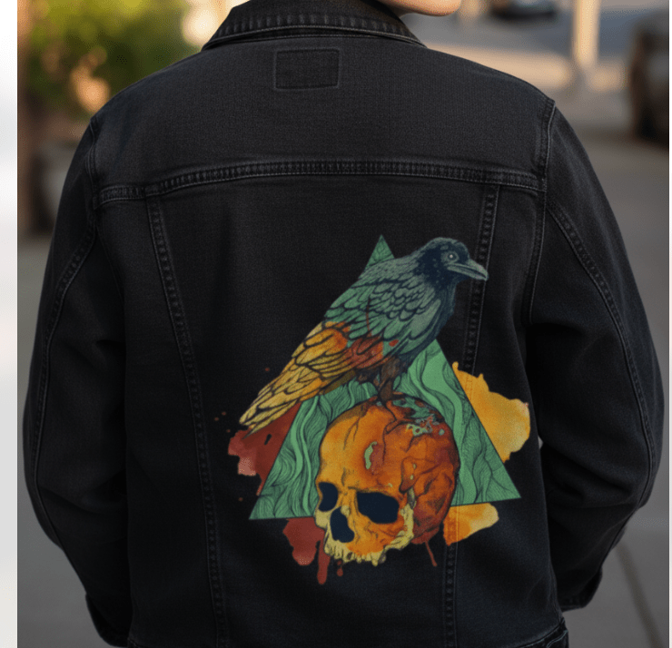 CROW by JESS ADAMS, digitally printed on DENIM products: throw pillows, aprons, table place mats, and hand-crafted Unisex Denim Jackets in 3 color choices