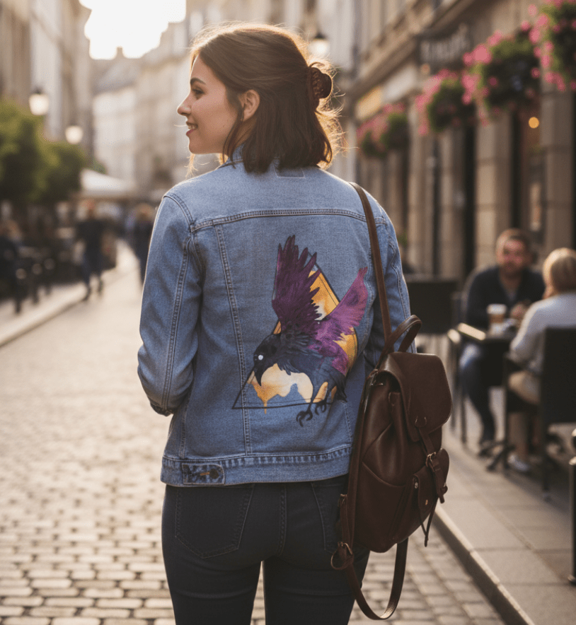 CROW WATERCOLOUR by JESS ADAMS, digitally printed on DENIM products: throw pillows, aprons, table place mats, and hand-crafted Unisex Denim Jackets in 3 color choices