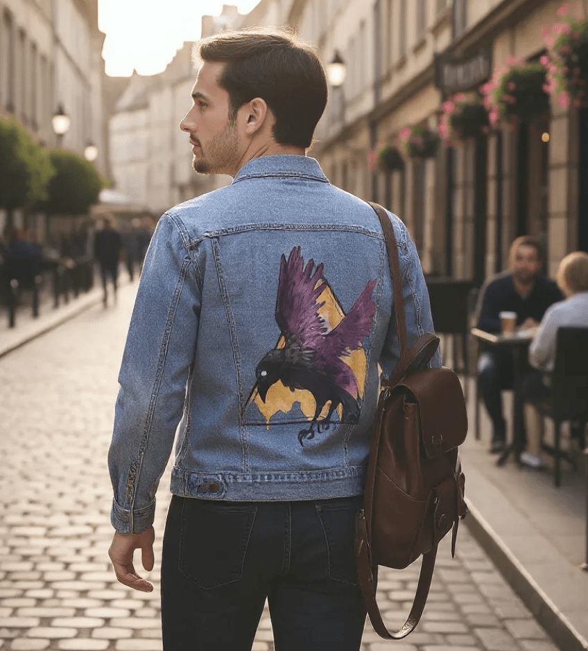 CROW WATERCOLOUR by JESS ADAMS, digitally printed on DENIM products: throw pillows, aprons, table place mats, and hand-crafted Unisex Denim Jackets in 3 color choices