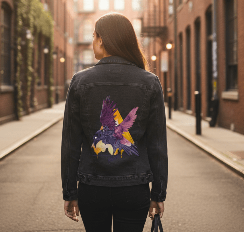 CROW WATERCOLOUR by JESS ADAMS, digitally printed on DENIM products: throw pillows, aprons, table place mats, and hand-crafted Unisex Denim Jackets in 3 color choices