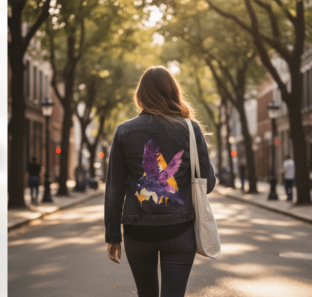 CROW WATERCOLOUR by JESS ADAMS, digitally printed on DENIM products: throw pillows, aprons, table place mats, and hand-crafted Unisex Denim Jackets in 3 color choices