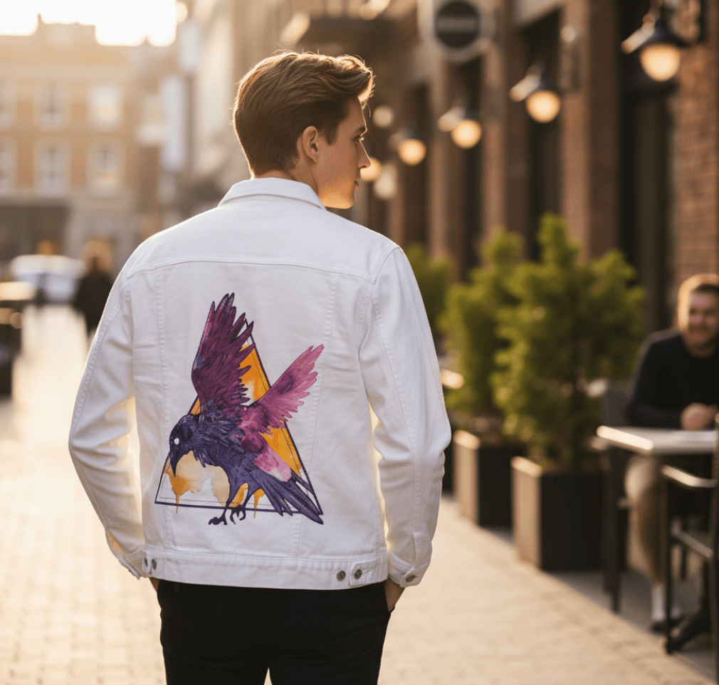 CROW WATERCOLOUR by JESS ADAMS, digitally printed on DENIM products: throw pillows, aprons, table place mats, and hand-crafted Unisex Denim Jackets in 3 color choices