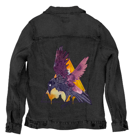 CROW WATERCOLOUR by JESS ADAMS, digitally printed on DENIM products: throw pillows, aprons, table place mats, and hand-crafted Unisex Denim Jackets in 3 color choices