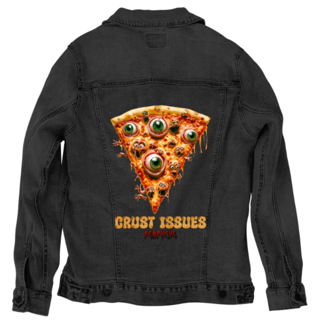 Black denim jacket laid flat, with an eye-catching horror-comedy illustration printed on the back panel. The art features a melted slice of pizza filled with bulging green eyes and screaming faces. The nightmarish toppings and crawling limbs pop vividly against the deep black denim.