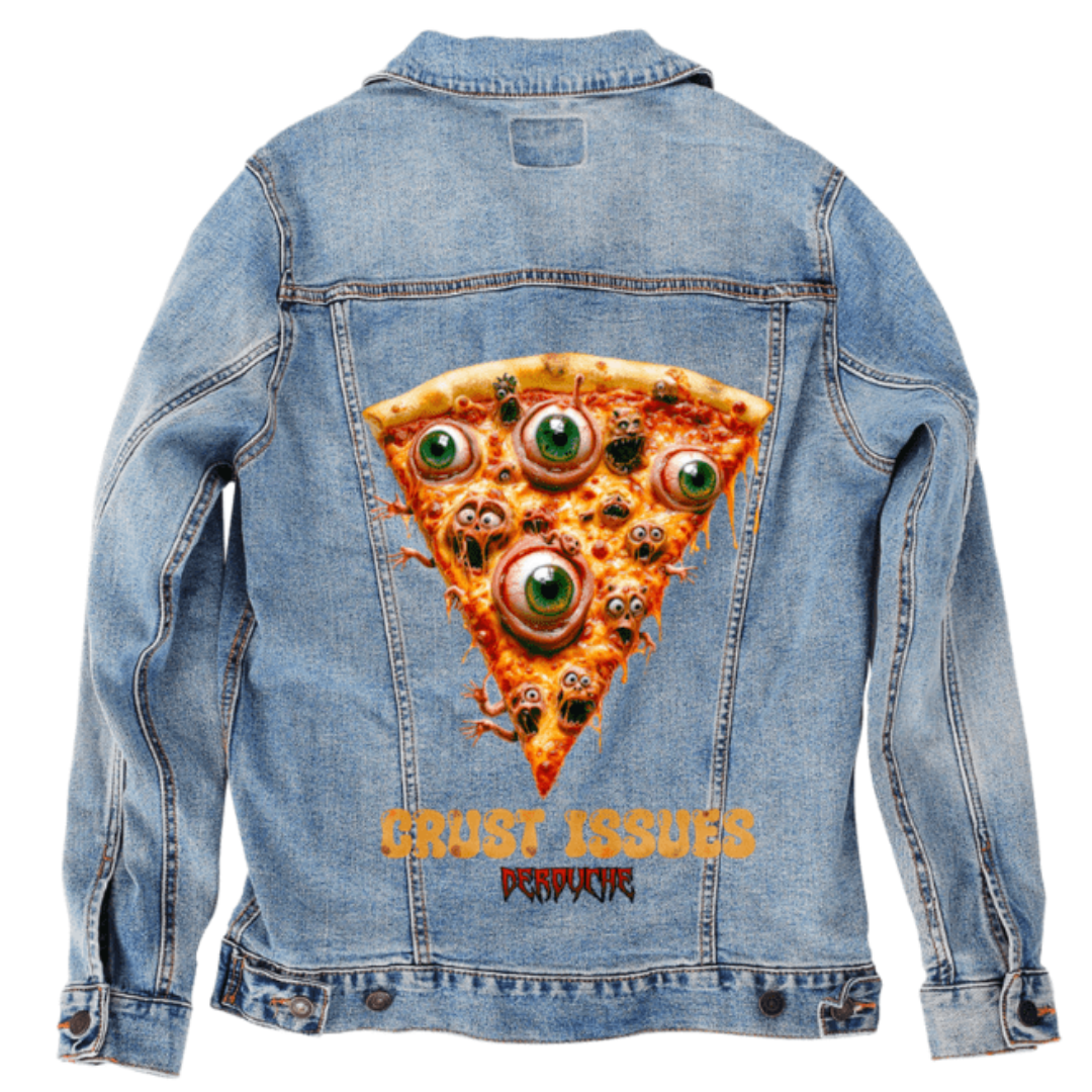 Stonewashed denim jacket laid flat, with the back panel featuring a digitally printed design of a nightmare pizza slice. The slice oozes cheese and sauce, stuffed with dozens of eyes, mouths, and tiny limbs. Creepy and comical, the horror-pizza artwork contrasts with the light vintage wash of the denim.