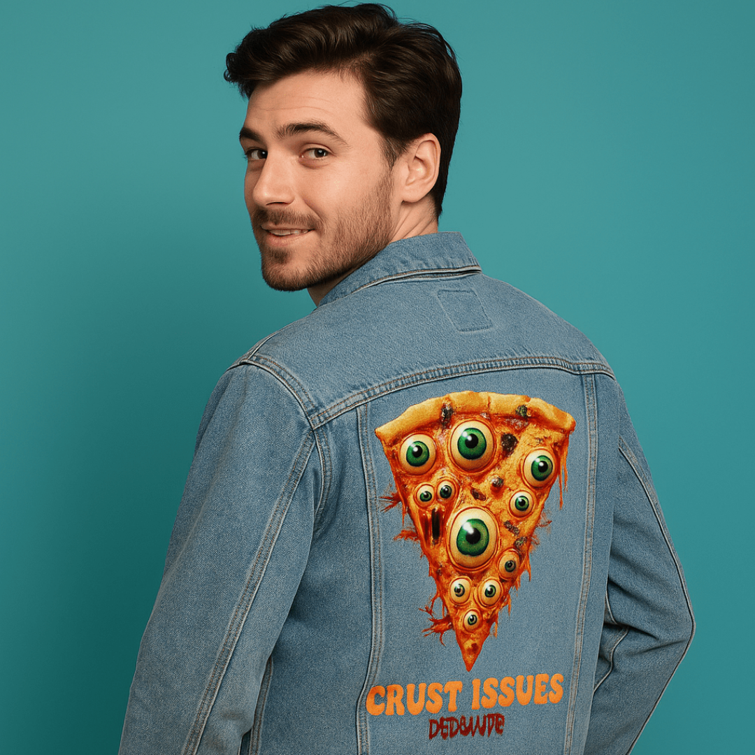 A person posing in front of a solid teal-blue backdrop wears a stonewashed denim jacket. The back panel showcases the “Crust Issues” artwork by DeRouche Designs — a slice of pizza mutated with realistic eyes, mouths, and dripping cheese. The clean studio lighting creates even illumination across the denim and brings out the saturated oranges and greens of the digitally printed design.