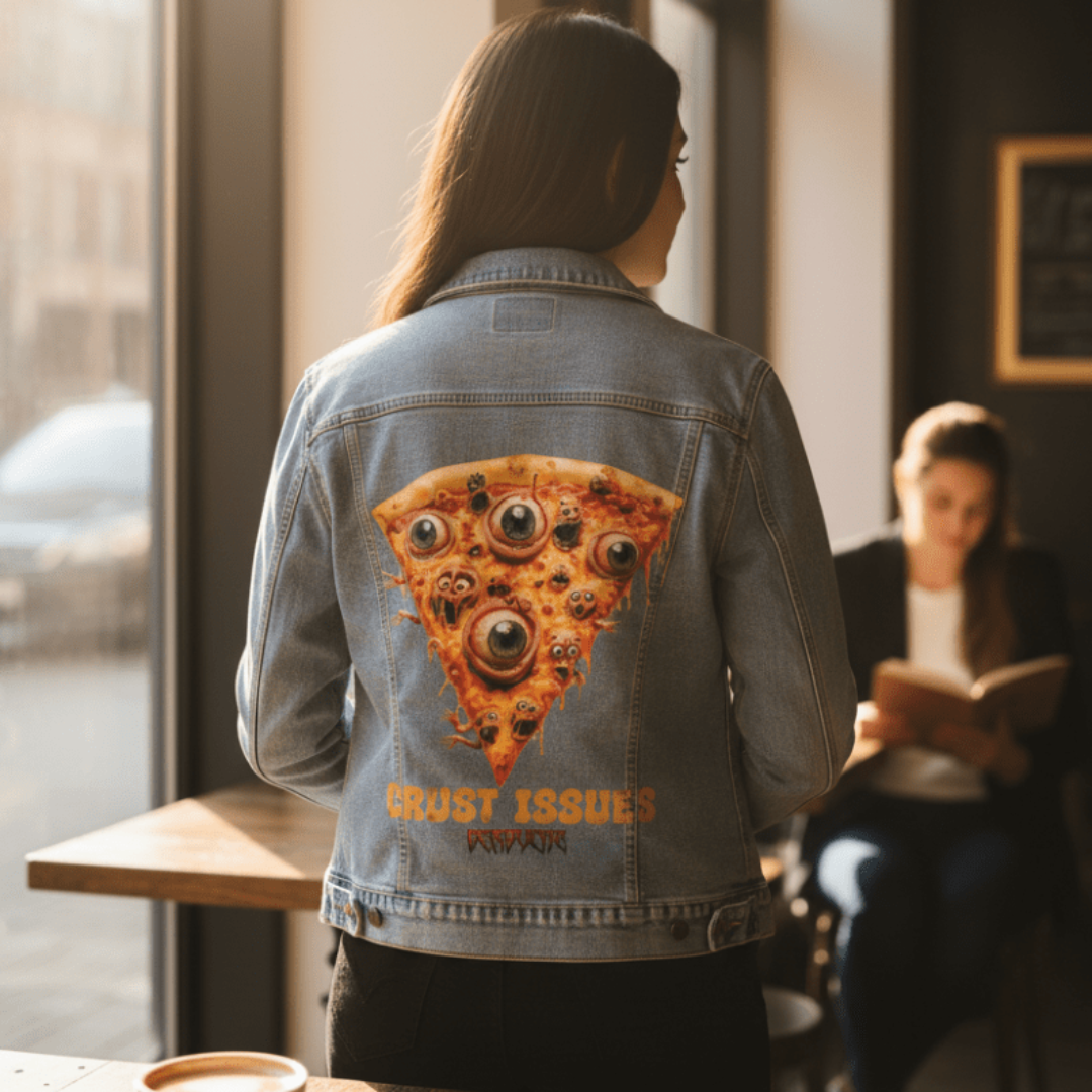 A person standing in soft daylight near a large café window wears a stonewashed denim jacket with the surreal “Crust Issues” artwork printed on the back. The artwork features a cartoon-style pizza slice covered in large green eyeballs and open-mouthed faces. Warm sunlight casts long shadows across the wooden tables and floor. Another figure is seated in the background, reading. The light wash of the jacket complements the vibrant orange, yellow, and green tones in the design.