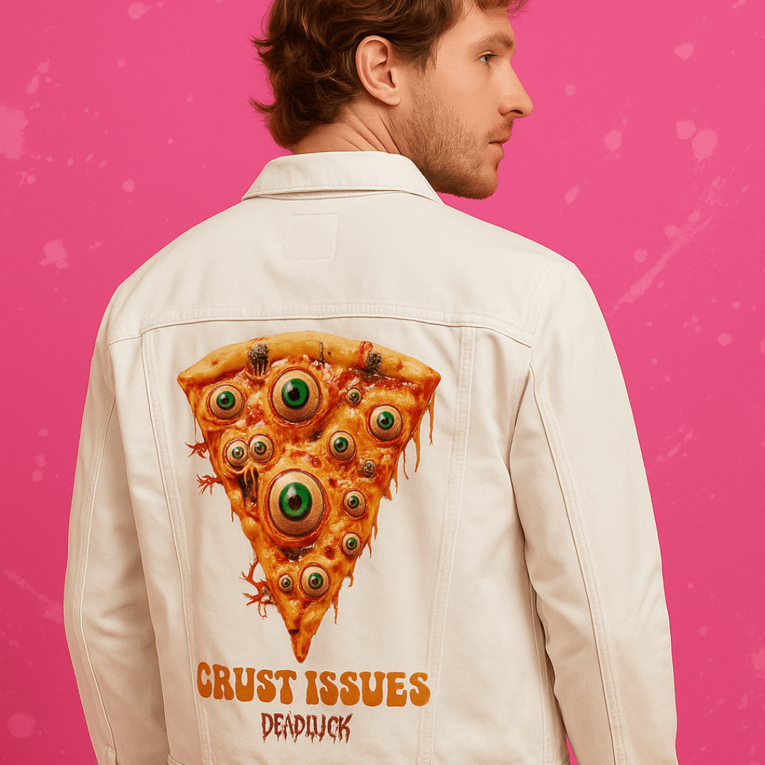 A person stands against a bold hot pink backdrop, wearing a white denim jacket printed with the surreal “Crust Issues” artwork. The slice of pizza is covered in oversized green eyeballs, dripping cheese, and cartoon monster faces. The crisp white denim contrasts sharply with the saturated background and saturated, grotesque design. Studio lighting ensures the entire piece is evenly lit and sharp.