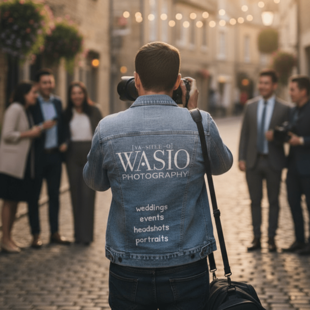 Back view of a photographer standing on a cobblestone street wearing a stonewashed denim jacket printed with “WASIO Photography” and a vertical list of services including weddings, events, headshots, and portraits. A small group poses ahead under soft string lights as the photographer lifts the camera, the jacket blending branding, motion, and storytelling into a single working moment. Printed by DenimINK