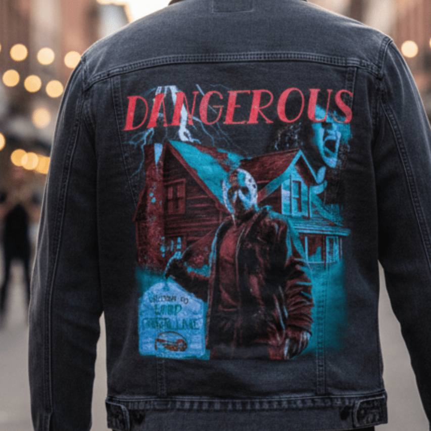 DANGEROUS by DeROUCHE DESIGNS, printed on denim jackets and other denim products: tote bags, throw pillows, table place mats, aprons