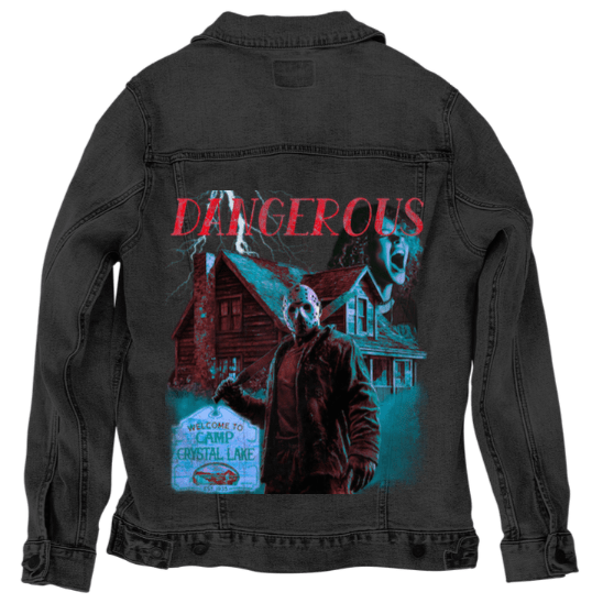 DANGEROUS by DeROUCHE DESIGNS, printed on denim jackets and other denim products: tote bags, throw pillows, table place mats, aprons