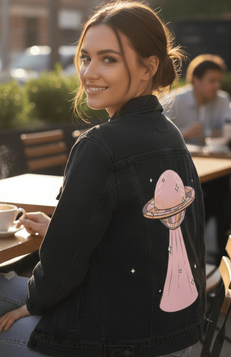 DISCO UFO by KITSCH AND CURATE,printed by DenimINK on hand-crafted Denim Jackets and other denim products and other denim products: tote bags, throw pillows, table place mats, aprons