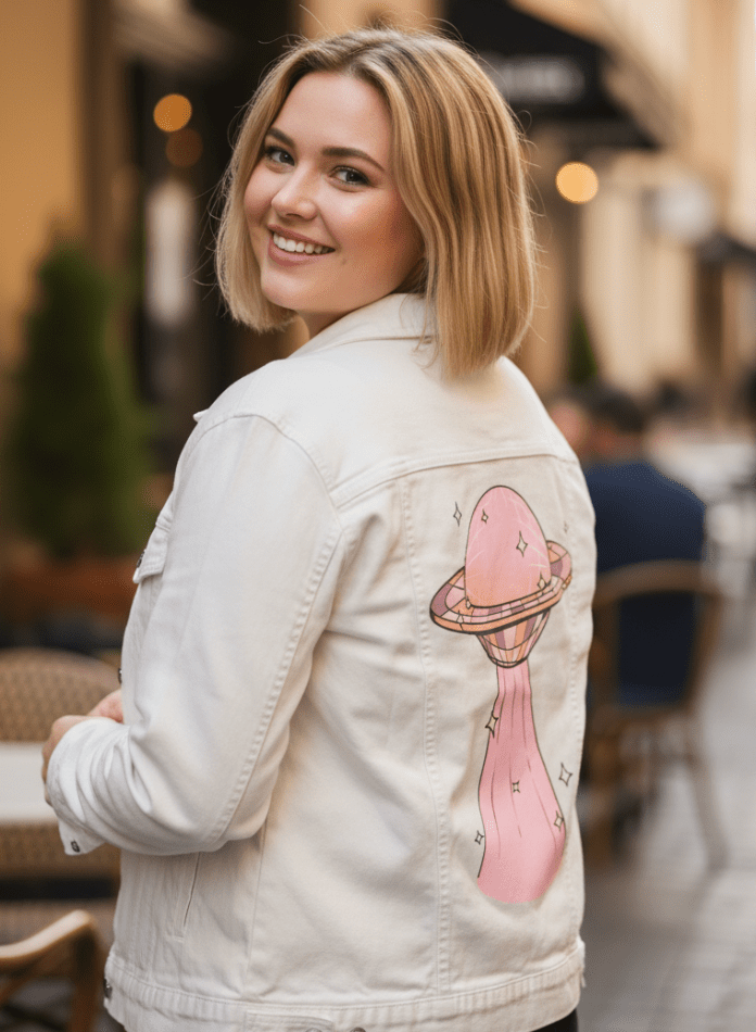 DISCO UFO by KITSCH AND CURATE,printed by DenimINK on hand-crafted Denim Jackets and other denim products and other denim products: tote bags, throw pillows, table place mats, aprons