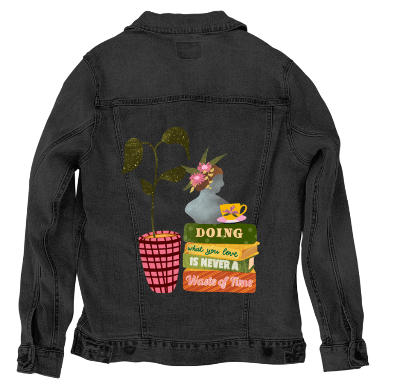 DOING WHAT YOU LOVE by thearticsoul, printed on denim jackets and other denim products: tote bags, throw pillows, table place mats, aprons