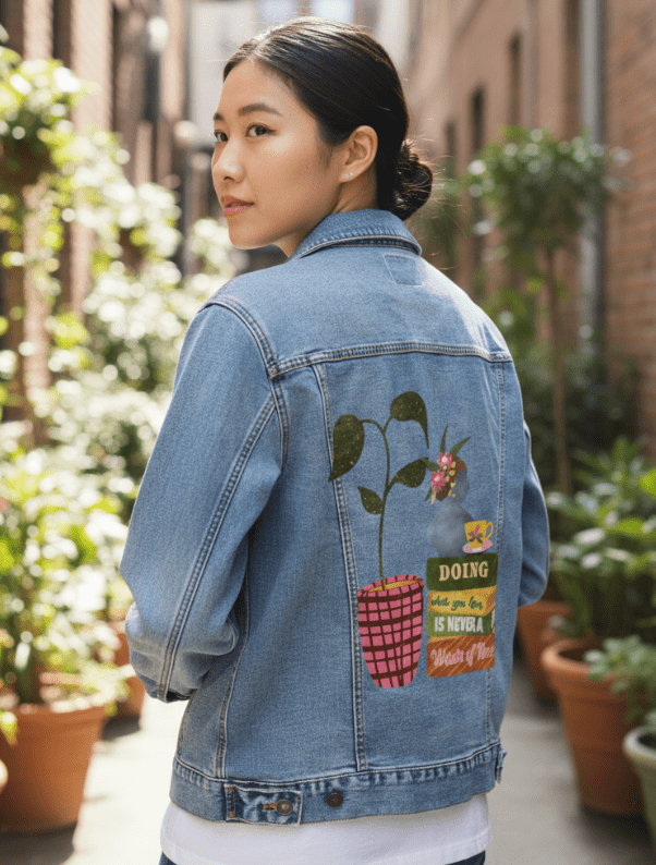 DOING WHAT YOU LOVE by thearticsoul, printed on denim jackets and other denim products: tote bags, throw pillows, table place mats, aprons