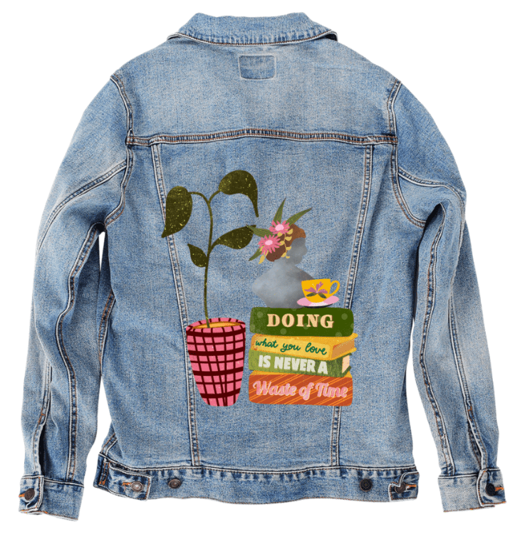 DOING WHAT YOU LOVE by thearticsoul, printed on denim jackets and other denim products: tote bags, throw pillows, table place mats, aprons