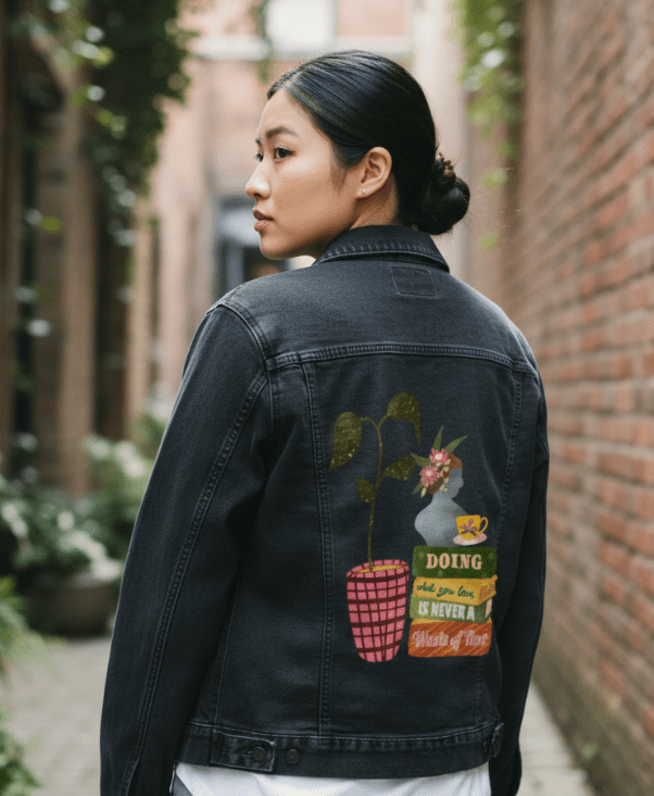 DOING WHAT YOU LOVE by thearticsoul, printed on denim jackets and other denim products: tote bags, throw pillows, table place mats, aprons