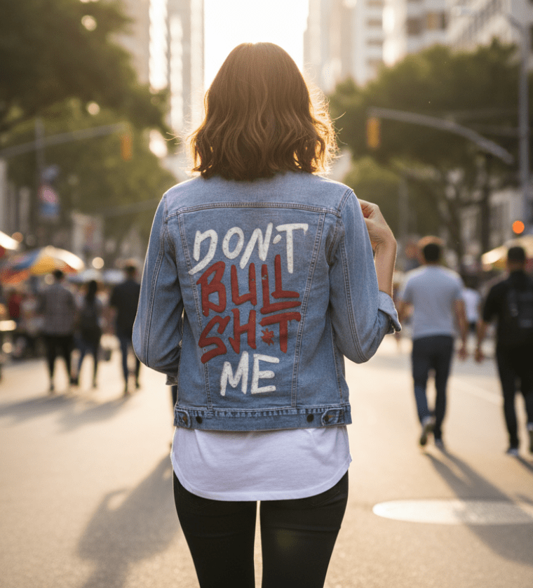 DON'T BULLSHIT ME, by TOBE FONSECA, printed on denim jackets and other denim products: tote bags, throw pillows, table place mats, aprons