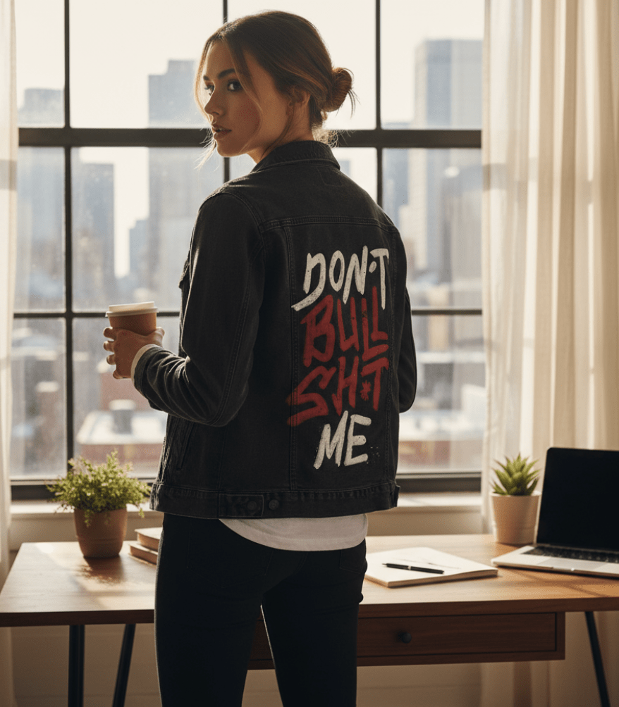 DON'T BULLSHIT ME, by TOBE FONSECA, printed on denim jackets and other denim products: tote bags, throw pillows, table place mats, aprons