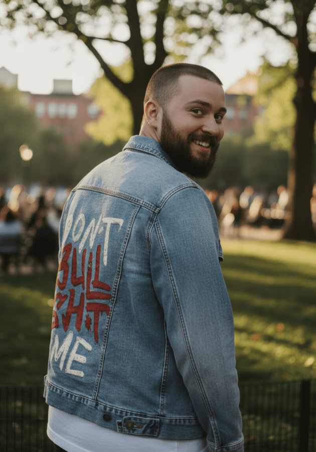 DON'T BULLSHIT ME, by TOBE FONSECA, printed on denim jackets and other denim products: tote bags, throw pillows, table place mats, aprons